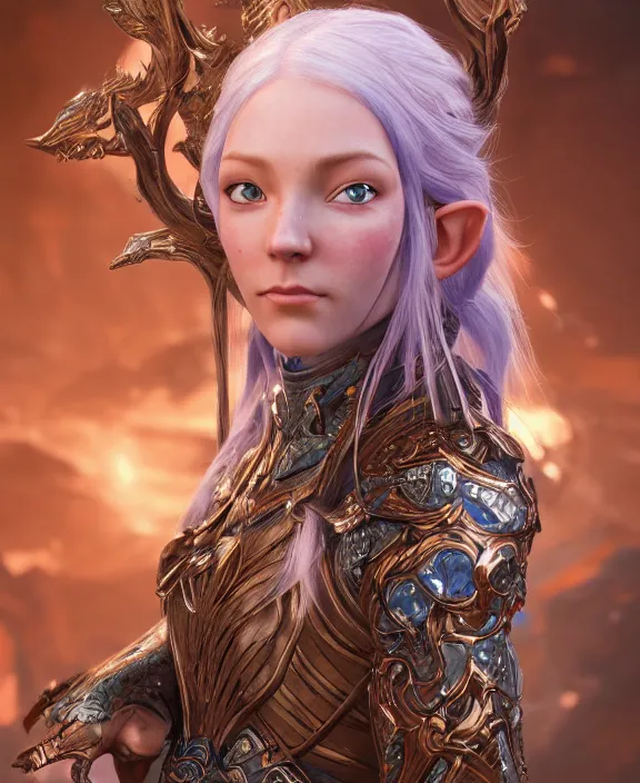 Image similar to a beautiful and highly detailed digital portrait of a dignified female elven paladin with blue hair in rose gold armor by clint cearley and karol bak, centered, artsation contest winner, cgsociety, fantasy art, cryengine, concept art, photorealism, daz 3 d, sketchfab, zbrush, vray