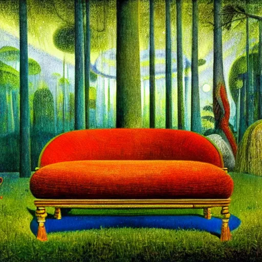 Prompt: psychedelic couch sofa in the lush pine forest, milky way, designed by arnold bocklin, jules bastien - lepage, tarsila do amaral, wayne barlowe and gustave baumann, cheval michael, trending on artstation, cinematic, star, sharp focus, colorful refracted sparkles and lines, soft light, 8 k 4 k