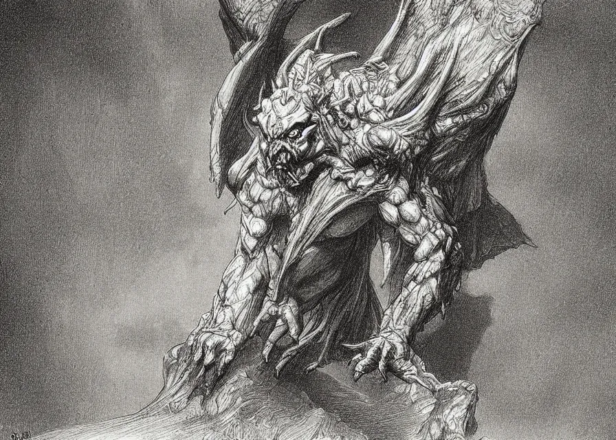 Prompt: “gargoyle demon, pencil illustration by Gustave Dore”