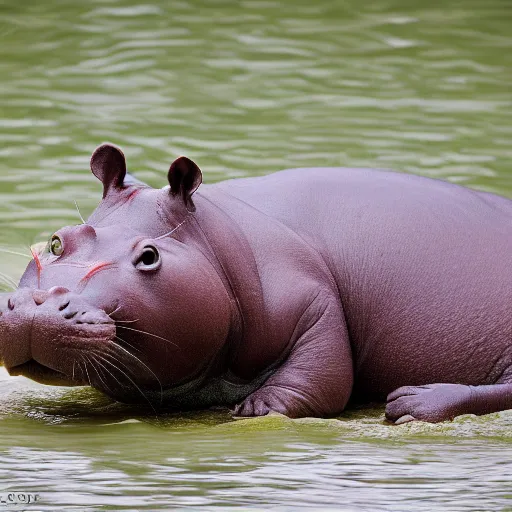 Image similar to cat hippopotamus hybrid, bold natural colors, national geographic photography, masterpiece, full shot