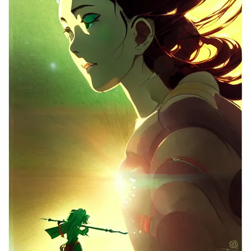 Prompt: green lady fighting red 5, high intricate details, rule of thirds, golden ratio, cinematic light, anime style, graphic novel by fiona staples and dustin nguyen, by beaststars and orange, peter elson, alan bean, studio ghibli, makoto shinkai