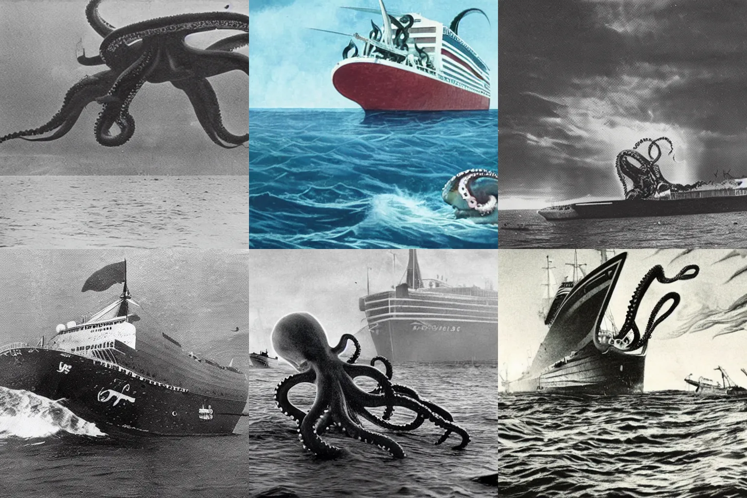 Prompt: photo of a killer octopus attacking an ocean liner