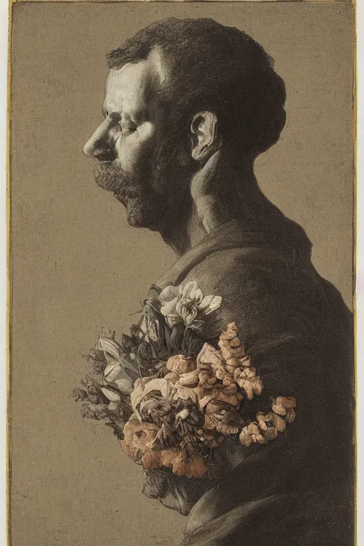 Prompt: a man's face in profile, composed of a still life with flowers and fruit, in the style of the dutch masters, dark and moody