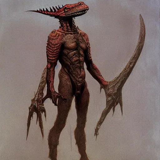 Image similar to lizardman warrior concept, tribal, beksinski