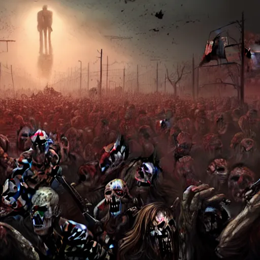 Prompt: zombie horde apocalypse by, rutkowski, rossier, landis, cinematic, detailed, photorealistic, artstation, epic