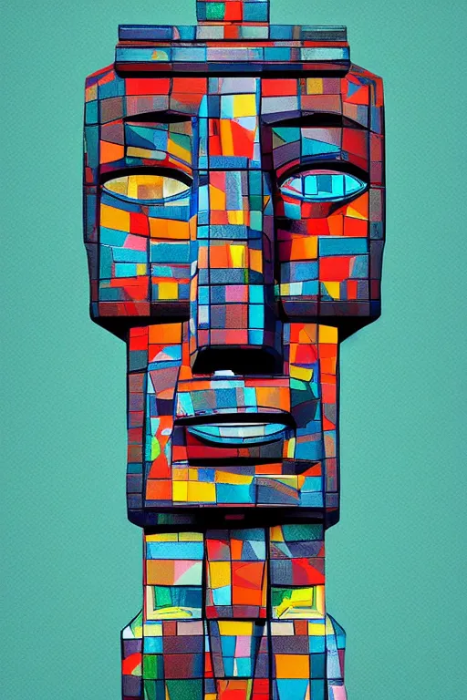 Image similar to cubist moai statue cutout digital illustration cartoon colorful beeple