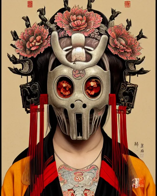 Prompt: portrait of slipknot band, upper half portrait, decorated with chinese opera motifs, asian, bian lian, traditional chinese art, intricate, elegant, highly detailed, symmetry, digital painting, artstation, concept art, smooth, sharp focus, illustration, art by artgerm and greg rutkowski and alphonse mucha, 8 k