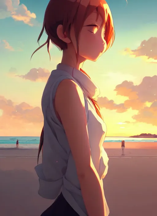 Image similar to side portrait of cute girl, sunset sky in background, beach landscape, illustration concept art anime key visual trending pixiv fanbox by wlop and greg rutkowski and makoto shinkai and studio ghibli and kyoto animation, futuristic wheelchair, symmetrical facial features, should eyes, future clothing, realistic anatomy, backlit, realistic face