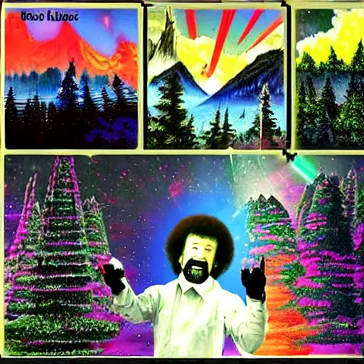 Image similar to Bob Ross Scenery with Robot Alien Snowmen Shooting Laser Beams at Things in the sky. Epic Amazing Insanity. Salvia Droid Joker .