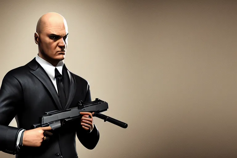 Image similar to a photo of agent 4 7 with his suit on holding a gun, photorealistic, 8 k, hd