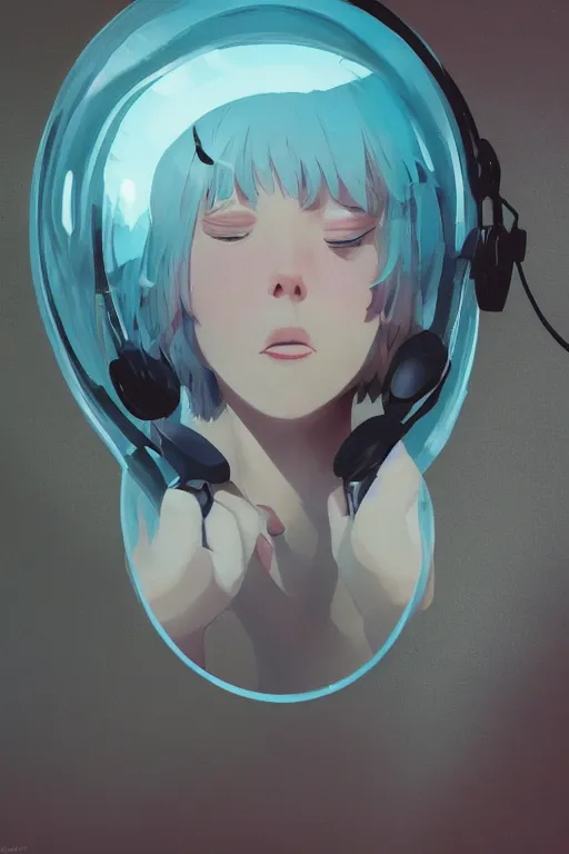 Prompt: a cute young woman listening to music in a bubble chair with her eyes closed and wearing headphones, white bob cut hair, freckles, cozy setting, blue filter, blue and white, soft lighting, cinematic, moody, nier automata, poster, oil on canvas, in the style of Ilya Kuvshinov, Krenz Cushart, Range Murata, 8k