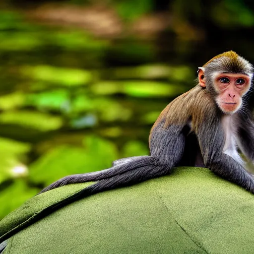 Image similar to nature photograph of a monkey sitting on the back of a turtle. national geographic