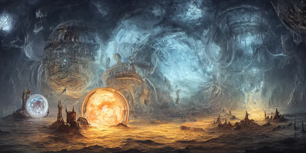 Image similar to concept art of giant translucent glowing jellyfishes, renaissance, divers helmet, lots of teeth, melting horror, round moon, rich clouds, fighting the horrors of the unknown, mirrors, very detailed, volumetric light, mist, grim, fine art, decaying, textured oil over canvas, epic fantasy art, very colorful, ornate, anato finnstark