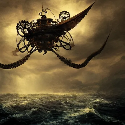 Image similar to A flying octopus ship, digital art, steampunk, epic, cinematic, dramatic lighting