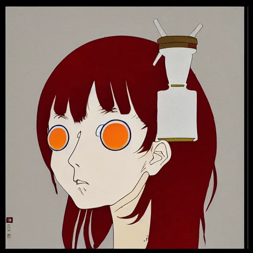 Image similar to prompt: Fragile looking flat colors portrait face drawn by Katsuhiro Otomo and Suehiro Maruo, inspired by Paprika anime, animation clean film, magical and alchemical objects on the side, soft light, white background, intricate detail, intricate ink painting detail, sharp high detail, manga and anime 2000