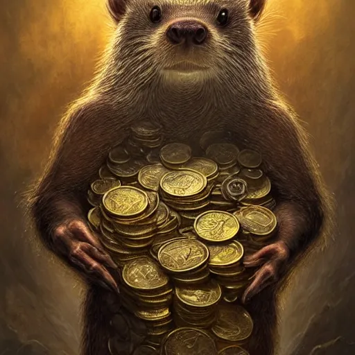 Prompt: a beautiful detailed 3d matte portrait of a alchemist beaver, by ellen jewett, by tomasz alen kopera, by Justin Gerard, ominous, magical realism, texture, intricate, skull, skeleton, gold coins, money, whirling smoke, alchemist bottles, radiant colors, fantasy, volumetric lighting, high details