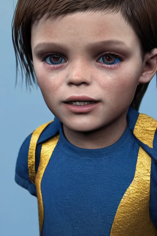 Image similar to hyperrealistic little boy close - up portrait, the portrait is decorated with art deco patterns, hyperrealistic, volumetric lighting, ultra detailed, elegant, octane render, blue and gold, 8 k, trending on artstation, unreal engine