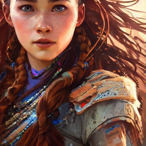 Image similar to ultra realistic illustration of aloy from horizon zero dawn, intricate, elegant, highly detailed, digital painting, artstation, concept art, smooth, sharp focus, illustration, art by artgerm and greg rutkowski and alphonse mucha