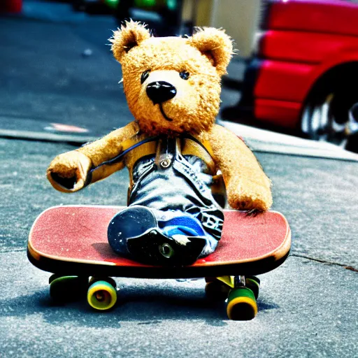 Image similar to Award winning 35mm color photography, of a teddy bear on a skateboard, doing a kick flip off the sidewalk, in downtown Tampa Fl, detailed, balanced composition