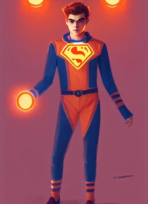 Image similar to teenage archie andrews wearing an orange superhero costume, intricate, elegant, glowing lights, highly detailed, digital painting, artstation, sharp focus, illustration, art by wlop, mars ravelo and greg rutkowski