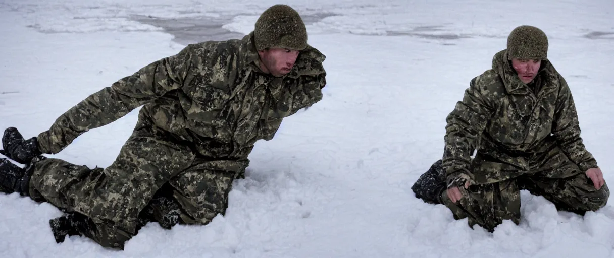 Prompt: filmic closeup semi symmetrical dutch angle movie still 4k UHD 35mm film color photograph of a man wearing military camo kneeling in the snow trying to hold in his internal organs that are spilling out after being eviscerated, his wound is gushing blood onto the snow at night time, dimly lit antarctica