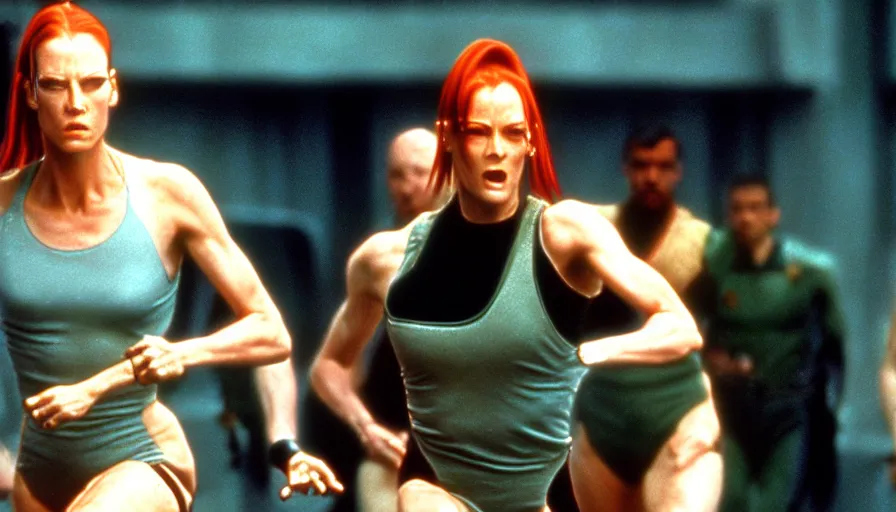 Image similar to The matrix, LeeLoo, Starship Troopers, Clarice Starling, 1960'Olympics footage, hurdlers in a race with robotic legs, intense moment, cinematic stillframe, shot by Roger Deakins, The fifth element, vintage robotics, formula 1, starring Geena Davis, clean lighting