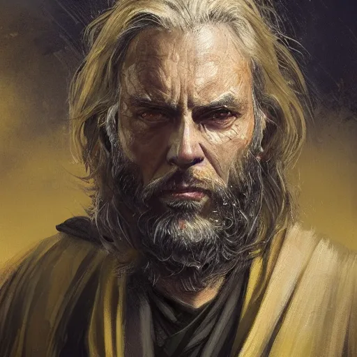 Image similar to portrait of a man by greg rutkowski, old jedi master nat skywalker, long messy hair, beard, wearing a yellow and black tactical gear, star wars expanded universe, highly detailed portrait, he is about 5 0 years old, digital painting, artstation, concept art, smooth, sharp foccus ilustration, artstation hq