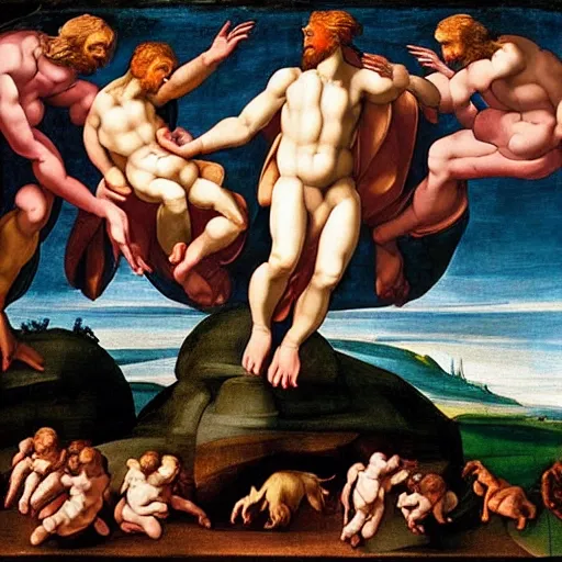 Image similar to the creation of adam by michelangelo, but with primates, highly detailed, painting