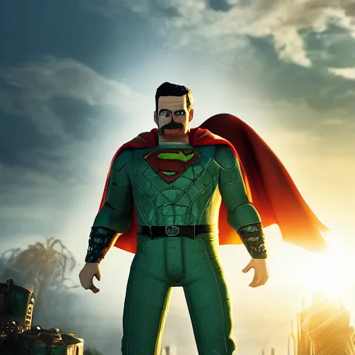 Image similar to pickle rick as superman! flying in ( gears of war ), splash art, movie still, detailed face, photorealistic facial features, cinematic lighting, dramatic, octane render, long lens, shallow depth of field, bokeh, anamorphic lens flare, 8 k, hyper detailed, 3 5 mm film grain