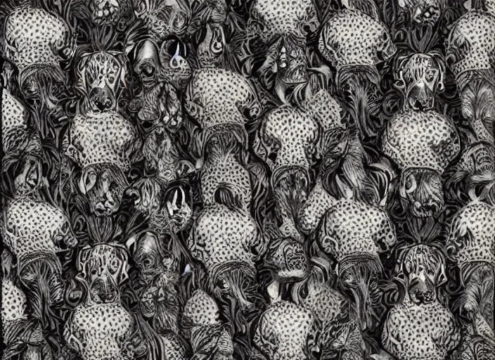 Image similar to pattern dobermage puppies, blackskulls, elegant, dark matte, nsanely detailed and intricate, hypermaximalist, elegant, ornate, hyper realistic, super detailed , by James Audubon