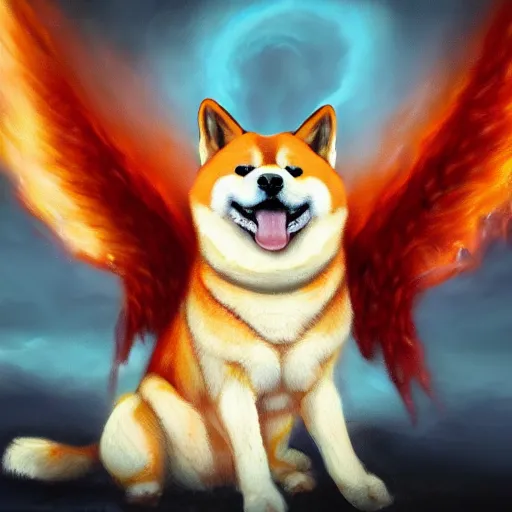 Prompt: an oil painting of a shiba inu with demon wings, hd, hdr, ue 5, ue 6, unreal engine 5, cinematic 4 k wallpaper, 8 k, ultra detailed, high resolution, artstation, award winning