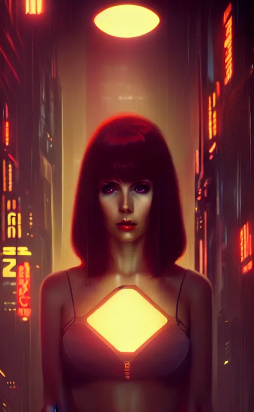 Prompt: hyper - realistic, digital matte painting of an attractive auburn haired femme fatale woman, blade runner environment, cinematic lighting, 4 k textures, sharp focus, by greg rutkowski, by ilya kuvshinov, by eric - anthony johnson