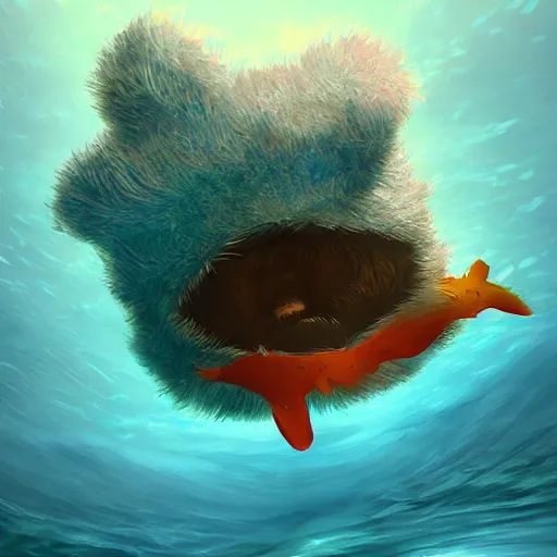 Prompt: a fuzzy creature swimming under the ocean, digital art, trending on artstation