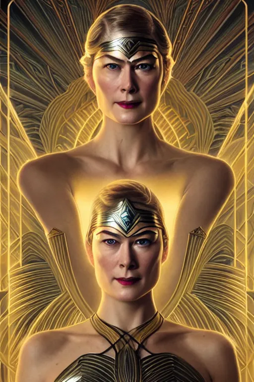 Image similar to young rosamund pike portrait as wonderwoman, art deco, fantasy, intricate art deco designs, elegant, highly detailed fractals, sharp focus, art by artgerm and beeple and greg rutkowski and wlop