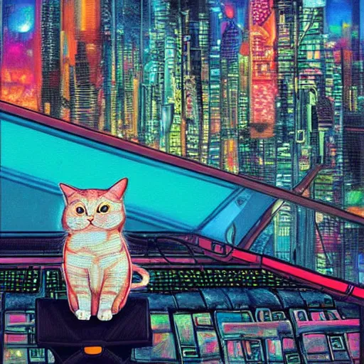 Prompt: a painting of a cat wearing oculus rift with a city in the background, cyberpunk art by hikari shimoda, trending on artstation, panfuturism, utopian art, circuitry, sci - fi