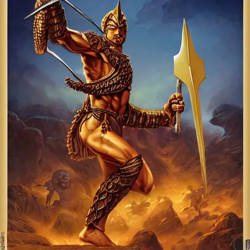 Image similar to perfect warrior with golden plates and a halberd, dnd illustration by boris vallejo and jeff easley and dan mumford, character concept trending on artstation