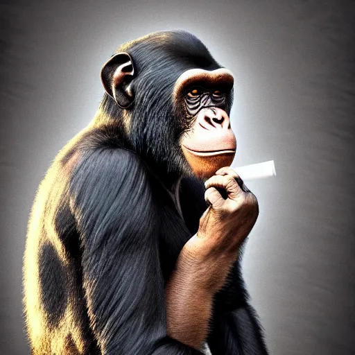 Prompt: a high detail photo of an antropomorphic chimp wearing a suit smoking a cigarrette, subject= chimp, subject detail: wearing a suit, subject action: smoking a cigar, photorealism, dramatic lighting, award winning photograph, trending on artstation