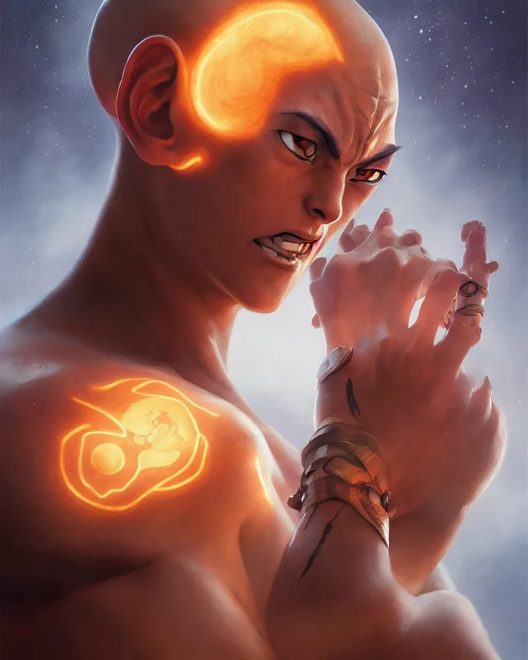 Prompt: avatar aang glowing tattoo,digital art,ultra realistic,ultra detailed,art by greg rutkowski sacha goldberger,hyperdetailed,detailed face,professional lighting,dramatic,3 point lighting