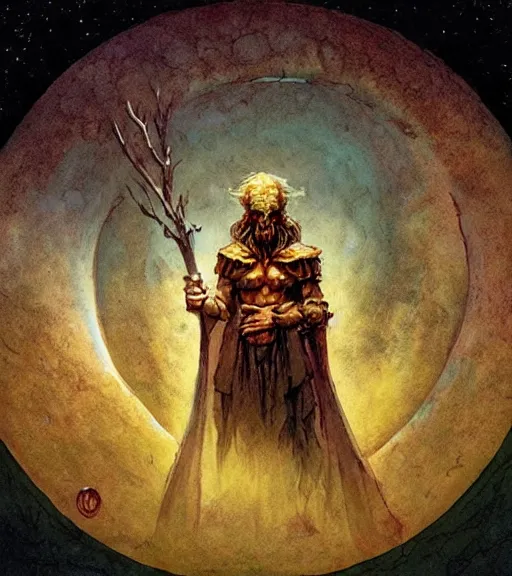 Image similar to a druid standing in a circle at the beginning of the world by alan lee and peter mohrbacher and frank frazetta and mike mignola