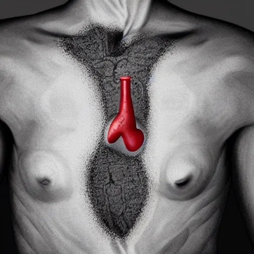 Image similar to human torso missing a heart, hole where the heart should be, creepy twisty art