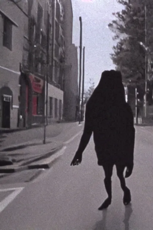 Image similar to still from vhs footage of artery!!! cryptid walking down street