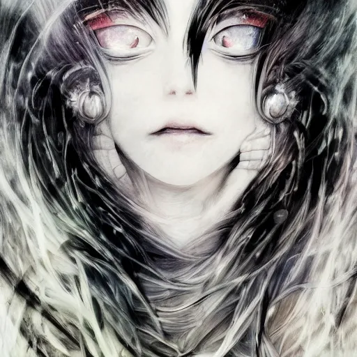 Image similar to yoshitaka amano blurred and dreamy illustration of an anime girl with black eyes, wavy white hair fluttering in the wind wearing elden ring armor with engraving, abstract black and white patterns in the background, noisy film grain effect, highly detailed, renaissance oil painting, weird portrait angle, blurred lost edges, three quarter view