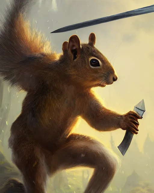 Image similar to oil painting of Anthropomorphized Squirrel attacking, wearing armor, war paint, holding sword, sharp focus, fantasy style, octane render, volumetric lighting, 8k high definition, by greg rutkowski, highly detailed, trending on art Station, magic the gathering artwork, magical forest backround, centered