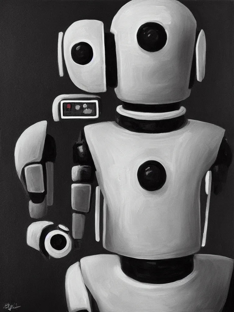 Prompt: “A perfectly centered beautiful black and white portrait oil painting of a retro-futuristic robot in Los Angeles”