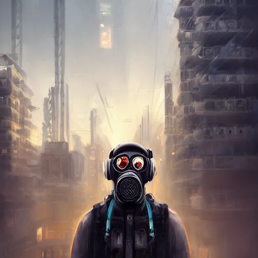 Image similar to Portrait of a Guy in a Gasmask, Cyberpunk city, street vendors, citizens, augmented cyborgs, robots, skyscapers, buildings, clouds, sunset, painted by seb mckinnon, high detail, digital art, trending on artstation