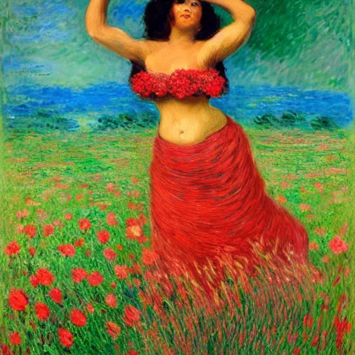 Image similar to beautiful tan mexican woman, full body, dancing in a field of roses and many other exotic flowers, prominent rosy cheek bones, black hair and brown eyes, monet and da vinci art style,