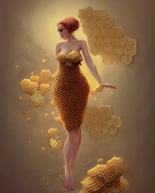 Prompt: woman wearing honeycomb dress, dripping honey, beehive couture, overgrown flower pollen fashion couture, artgerm, peter mohrbacher, artstation