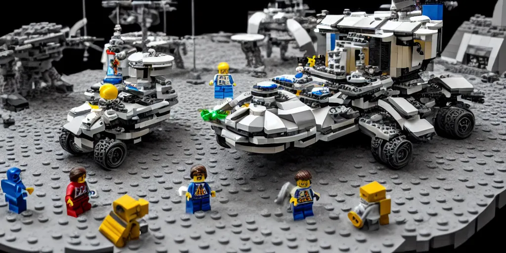 Prompt: wide shot lens photo of a very intricately detailed lego moonbase kit diorama, with epic alien lego mothership ufo, lego rover, a moon buggy