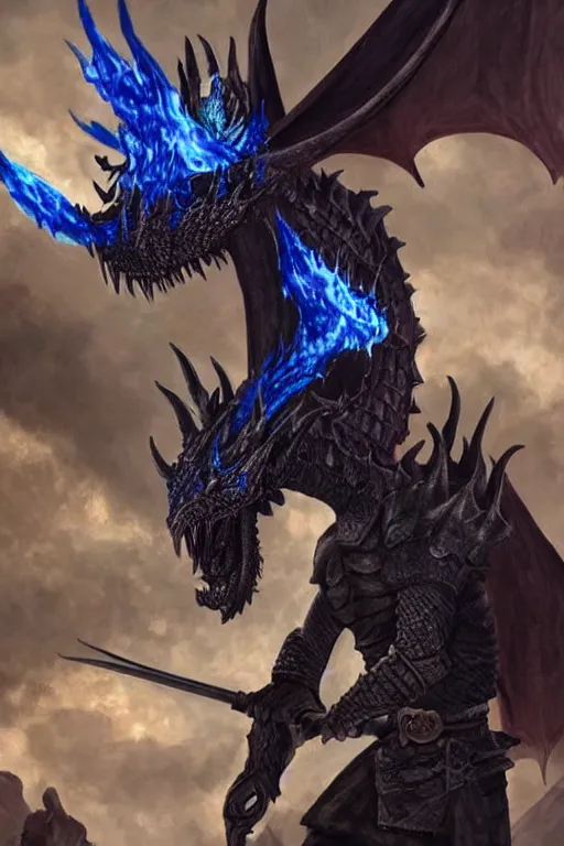 Image similar to a dark blue dragonborn with large tusks, half of his face flaming with blue flame, he wears a black dragon scales armor