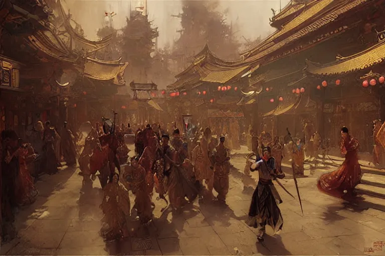 Image similar to wuxia, steampunk city, painting by gaston bussiere, craig mullins, j. c. leyendecker